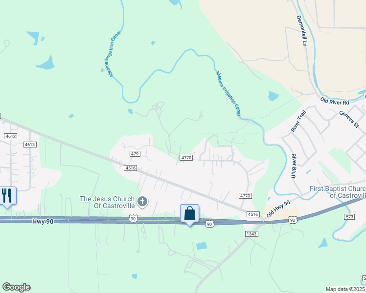 map of restaurants, bars, coffee shops, grocery stores, and more near 410 County Road 4770 in Castroville