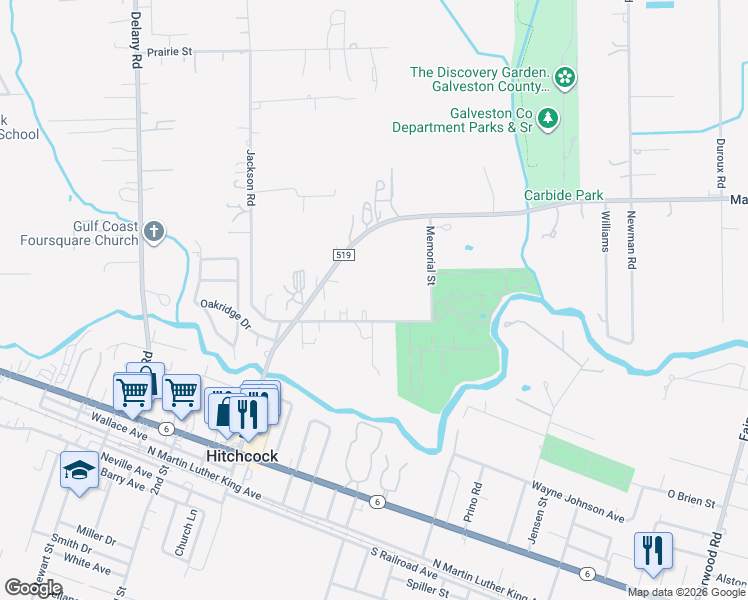 map of restaurants, bars, coffee shops, grocery stores, and more near 7422 Memorial St in Hitchcock