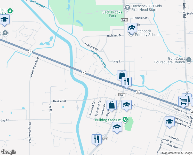 map of restaurants, bars, coffee shops, grocery stores, and more near 9214 Highway 6 in Hitchcock