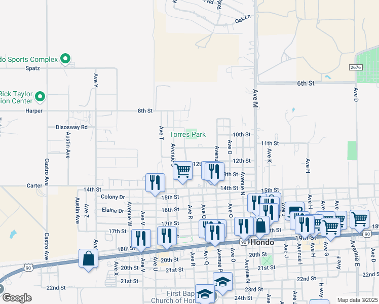 map of restaurants, bars, coffee shops, grocery stores, and more near 1608 12th Street in Hondo