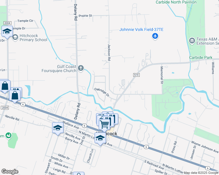 map of restaurants, bars, coffee shops, grocery stores, and more near 102 Oakridge Drive in Hitchcock