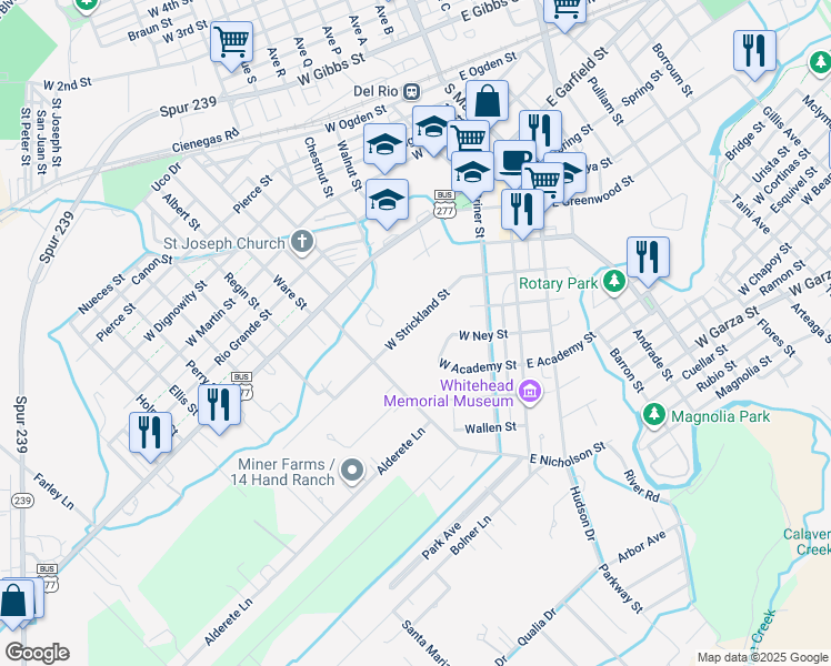 map of restaurants, bars, coffee shops, grocery stores, and more near 236 West Strickland Street in Del Rio