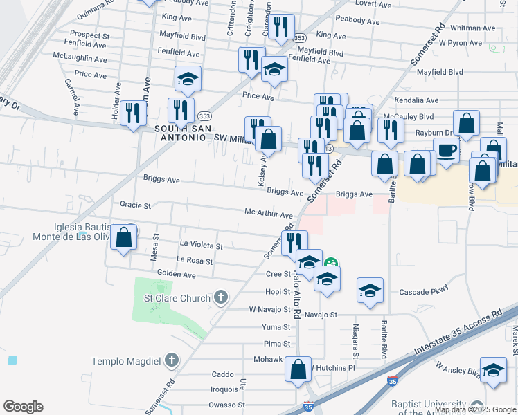 map of restaurants, bars, coffee shops, grocery stores, and more near 200 Briggs Avenue in San Antonio