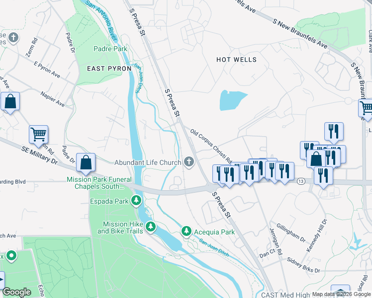 map of restaurants, bars, coffee shops, grocery stores, and more near 7431 South Presa Street in San Antonio