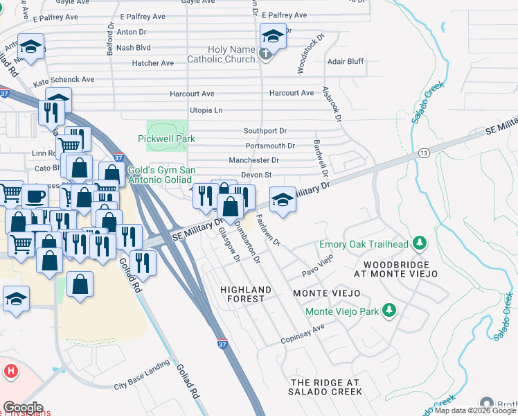 map of restaurants, bars, coffee shops, grocery stores, and more near 7130 Fairlawn Drive in San Antonio