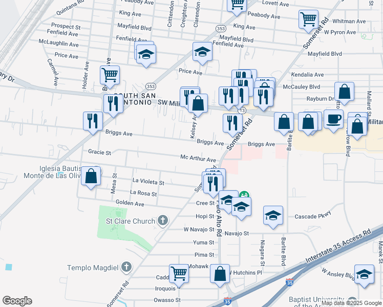 map of restaurants, bars, coffee shops, grocery stores, and more near 200 Briggs Avenue in San Antonio