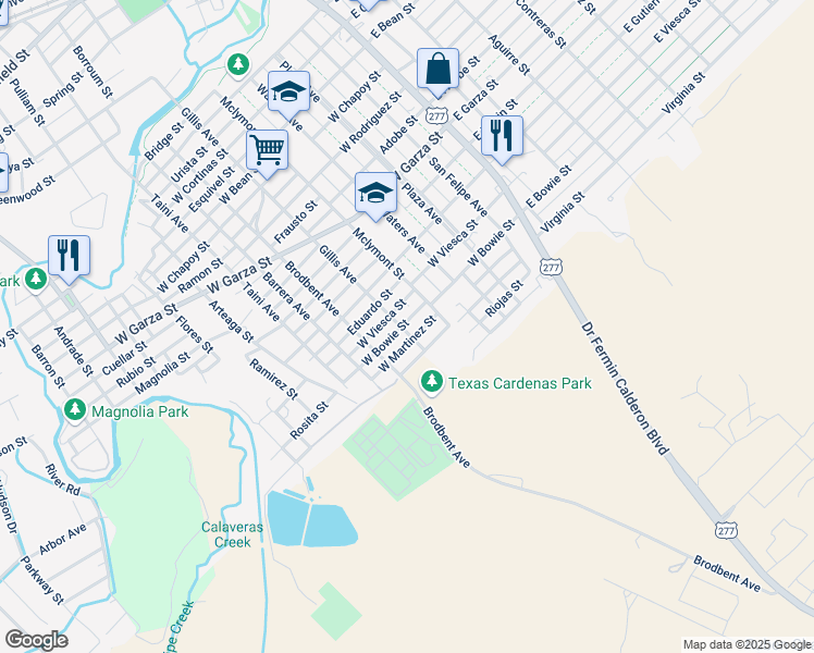 map of restaurants, bars, coffee shops, grocery stores, and more near 1905 Gillis Avenue in Del Rio