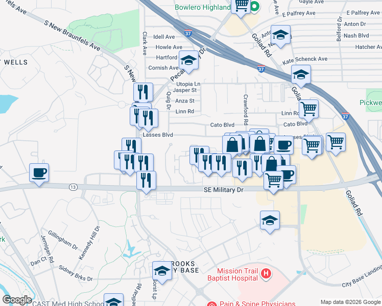map of restaurants, bars, coffee shops, grocery stores, and more near 3007 Southeast Military Drive in San Antonio