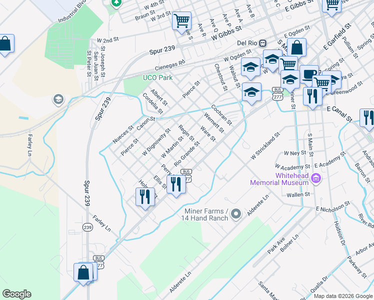 map of restaurants, bars, coffee shops, grocery stores, and more near 1006 West Martin Street in Del Rio