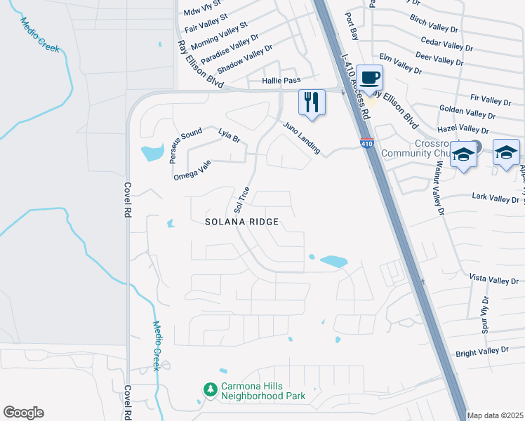 map of restaurants, bars, coffee shops, grocery stores, and more near 7206 Calypso Dawn in San Antonio