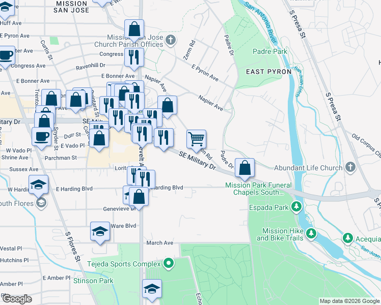 map of restaurants, bars, coffee shops, grocery stores, and more near 3502 Mission Road in San Antonio