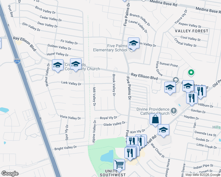 map of restaurants, bars, coffee shops, grocery stores, and more near 7234 Brook Valley Drive in San Antonio