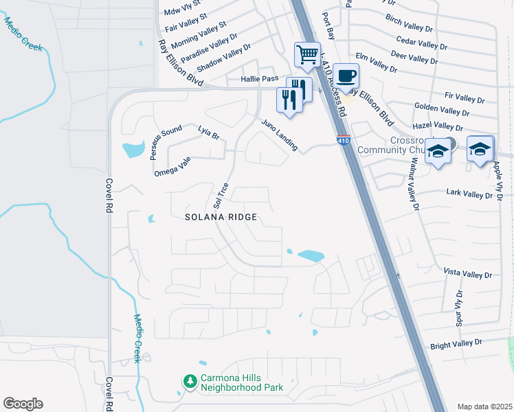 map of restaurants, bars, coffee shops, grocery stores, and more near 7114 Aldebaran Sun in San Antonio