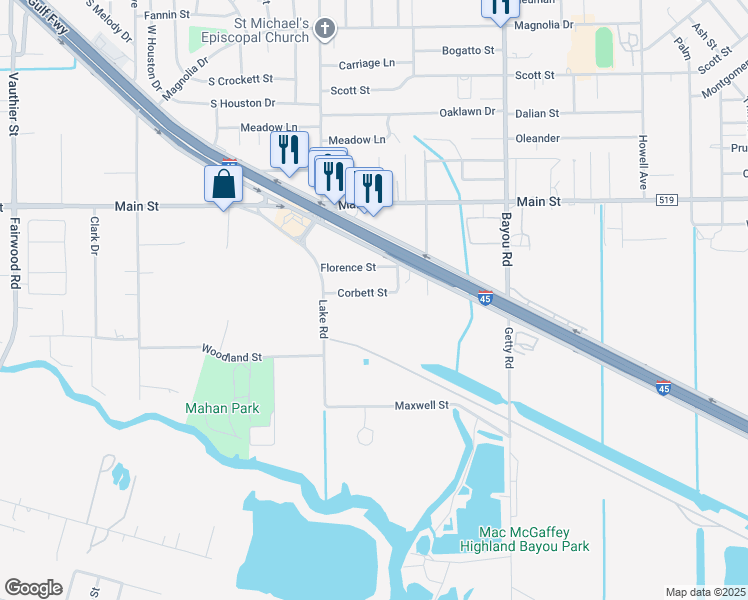 map of restaurants, bars, coffee shops, grocery stores, and more near 2608 Corbett Street in La Marque