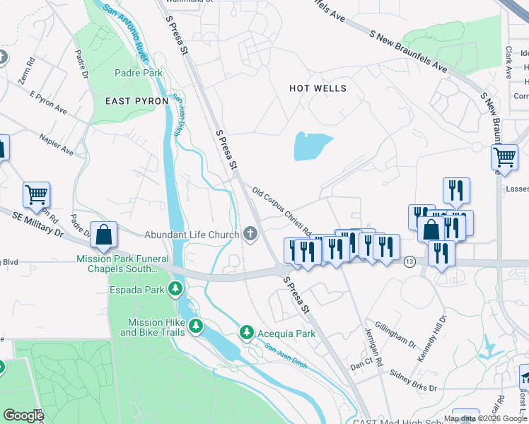 map of restaurants, bars, coffee shops, grocery stores, and more near 7200 South Presa Street in San Antonio