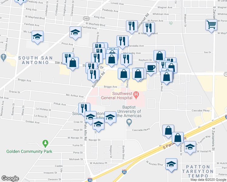 map of restaurants, bars, coffee shops, grocery stores, and more near 88 Briggs Avenue in San Antonio