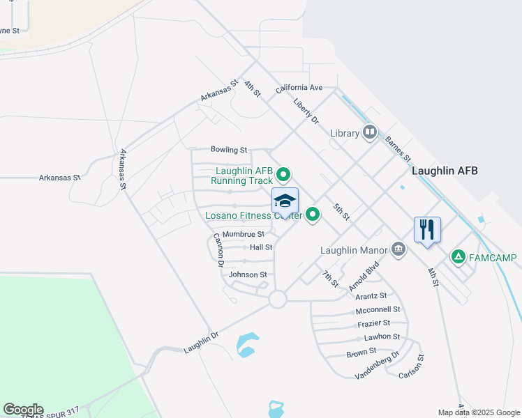 map of restaurants, bars, coffee shops, grocery stores, and more near 8079 Yarbrough St in Laughlin AFB