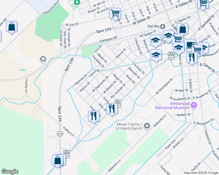 map of restaurants, bars, coffee shops, grocery stores, and more near 1106 West Dignowity Street in Del Rio