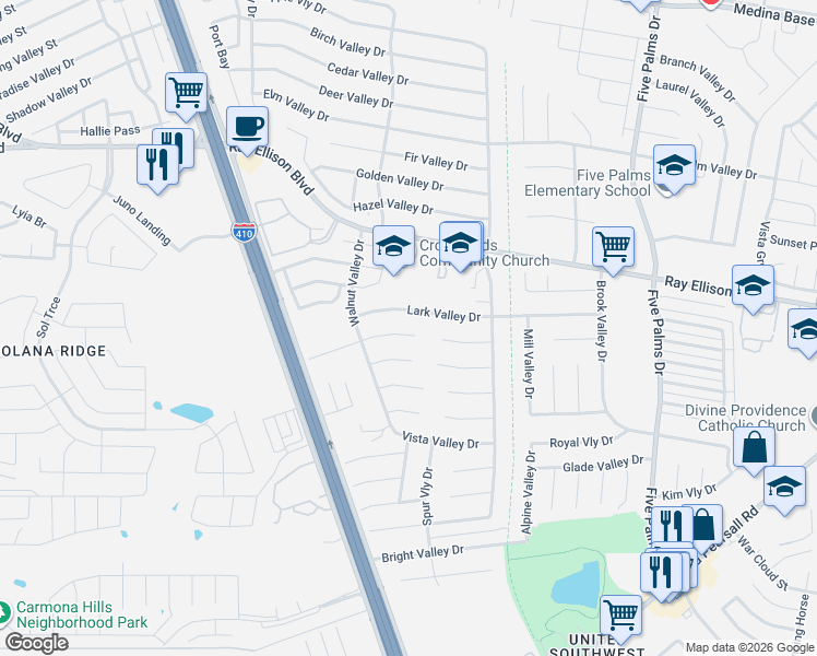 map of restaurants, bars, coffee shops, grocery stores, and more near 6210 Lark Valley Drive in San Antonio