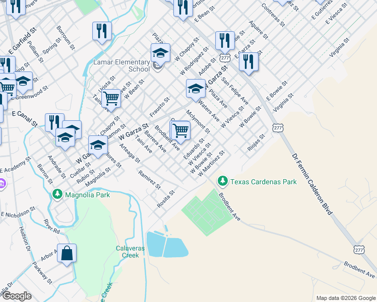 map of restaurants, bars, coffee shops, grocery stores, and more near 301 West Gutierrez Street in Del Rio