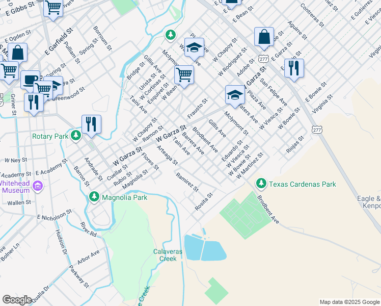 map of restaurants, bars, coffee shops, grocery stores, and more near 1006 Taini Avenue in Del Rio
