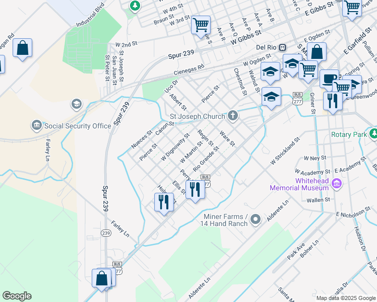 map of restaurants, bars, coffee shops, grocery stores, and more near 1106 West Dignowity Street in Del Rio