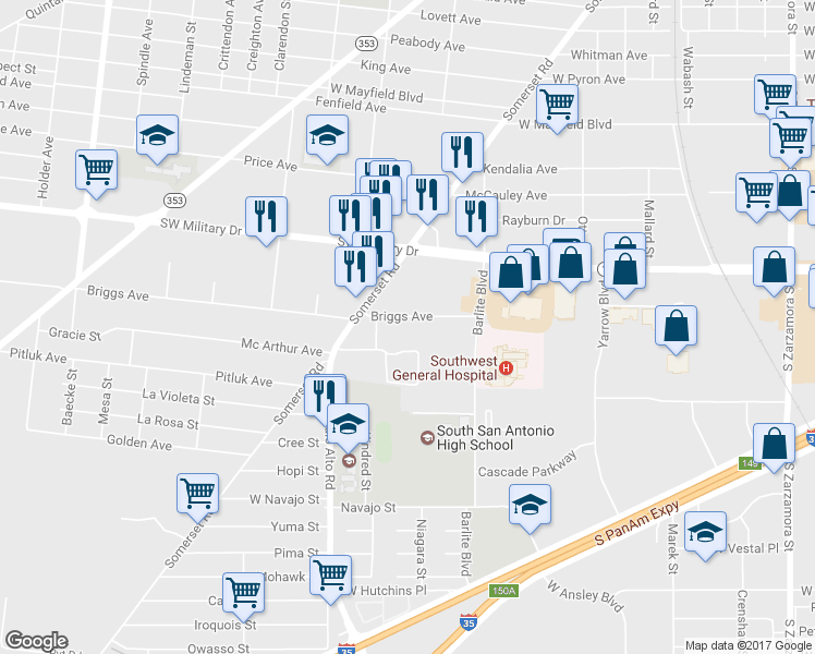 map of restaurants, bars, coffee shops, grocery stores, and more near 88 Briggs Avenue in San Antonio