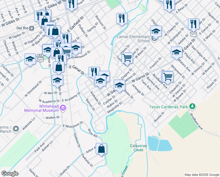 map of restaurants, bars, coffee shops, grocery stores, and more near 200-298 Diaz Street in Del Rio