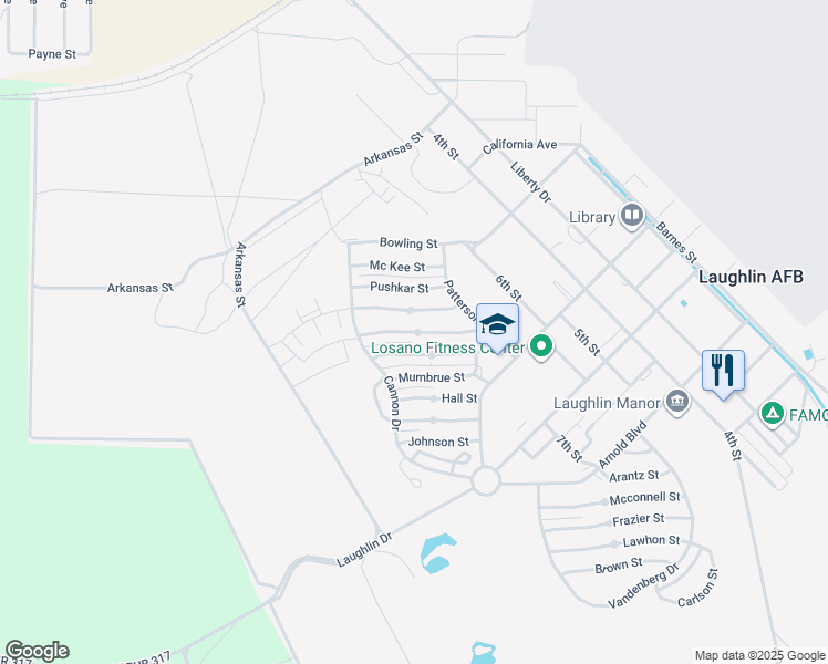 map of restaurants, bars, coffee shops, grocery stores, and more near 8065 Yarbrough Street in Laughlin Air Force Base