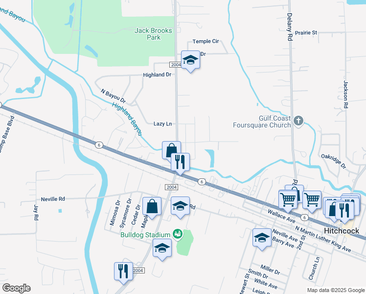 map of restaurants, bars, coffee shops, grocery stores, and more near 6221 Farm to Market 2004 in Hitchcock