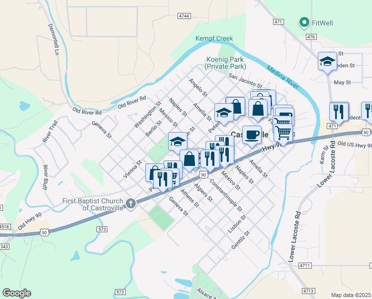 map of restaurants, bars, coffee shops, grocery stores, and more near 912 Houston Street in Castroville