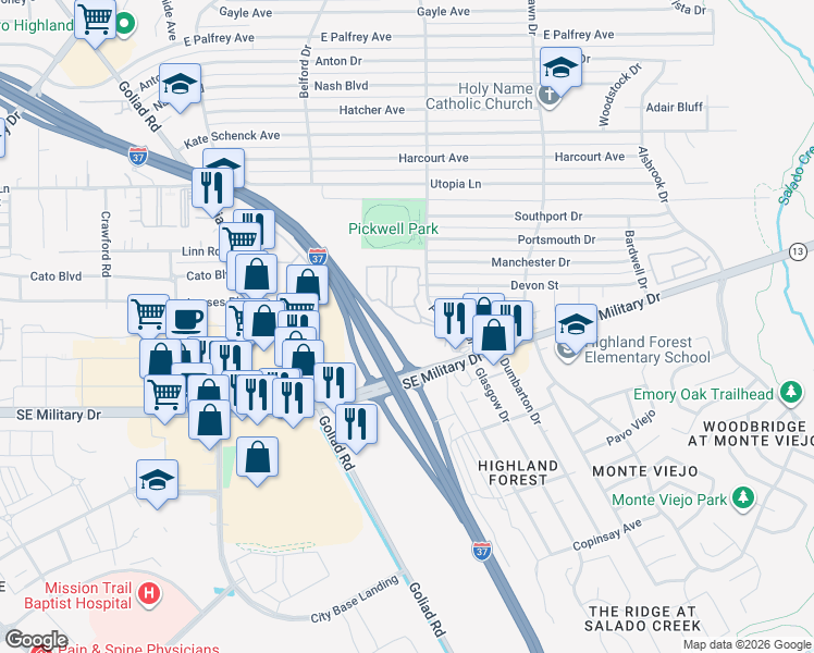 map of restaurants, bars, coffee shops, grocery stores, and more near 7035 Pickwell Drive in San Antonio