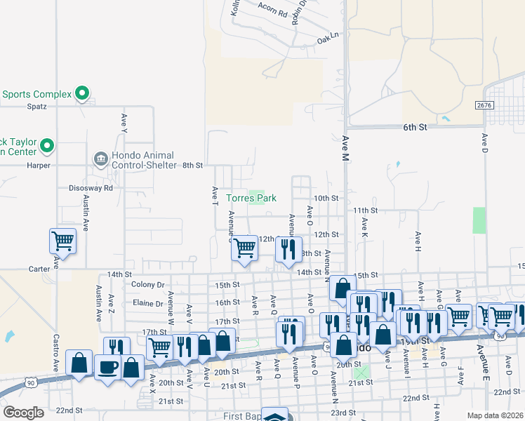 map of restaurants, bars, coffee shops, grocery stores, and more near 1602 11th Street in Hondo
