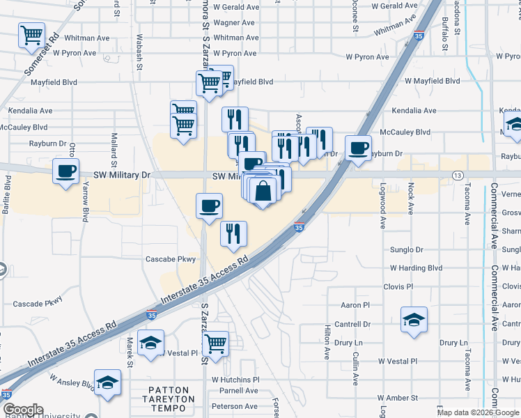 map of restaurants, bars, coffee shops, grocery stores, and more near 2310 Southwest Military Drive in San Antonio