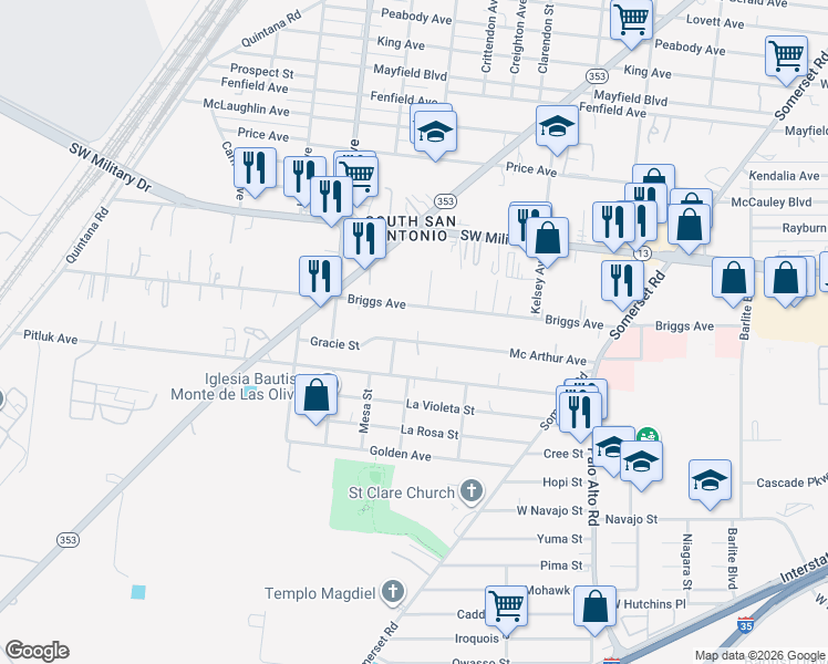 map of restaurants, bars, coffee shops, grocery stores, and more near 272 Briggs Avenue in San Antonio