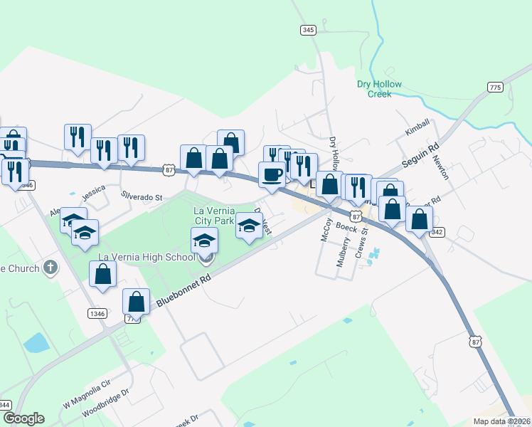 map of restaurants, bars, coffee shops, grocery stores, and more near 115 D L Vest in La Vernia