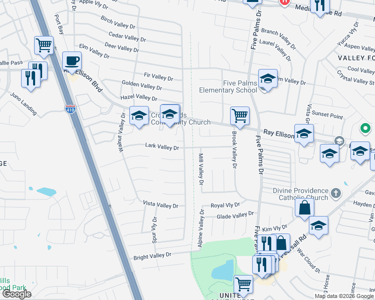 map of restaurants, bars, coffee shops, grocery stores, and more near 7144 Apple Valley in San Antonio
