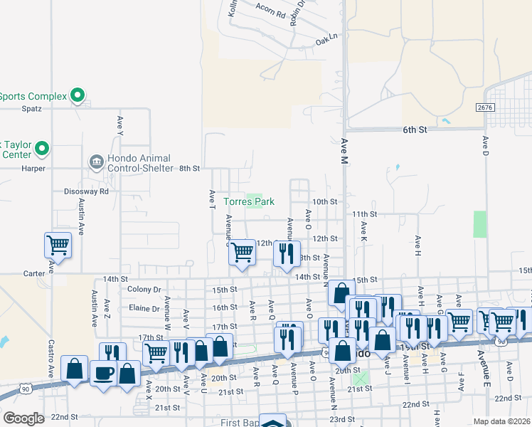 map of restaurants, bars, coffee shops, grocery stores, and more near 1602 11th Street in Hondo