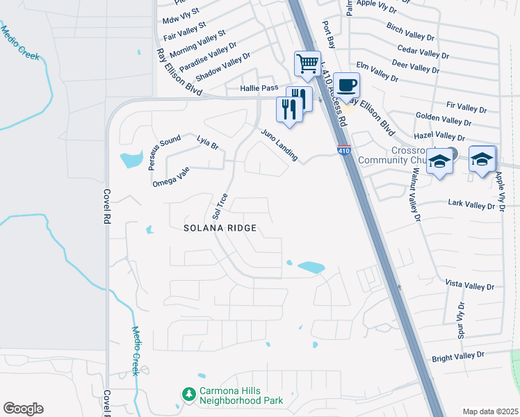 map of restaurants, bars, coffee shops, grocery stores, and more near 7114 Aldebaran Sun in San Antonio
