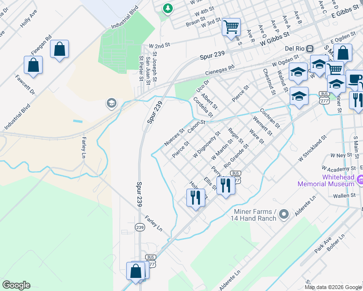 map of restaurants, bars, coffee shops, grocery stores, and more near 1405 Pierce Street in Del Rio