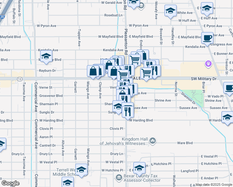 map of restaurants, bars, coffee shops, grocery stores, and more near 123 Grosvenor Street in San Antonio