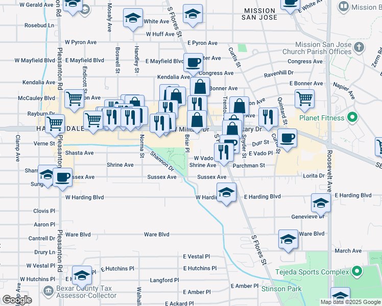 map of restaurants, bars, coffee shops, grocery stores, and more near 7226 Briar Place in San Antonio