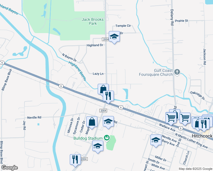 map of restaurants, bars, coffee shops, grocery stores, and more near 6221 Farm to Market 2004 in Hitchcock