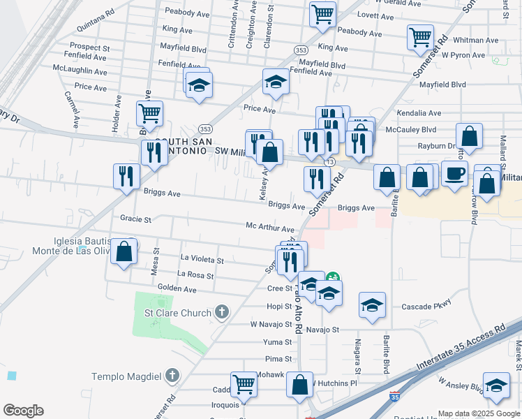 map of restaurants, bars, coffee shops, grocery stores, and more near 200 Briggs Avenue in San Antonio