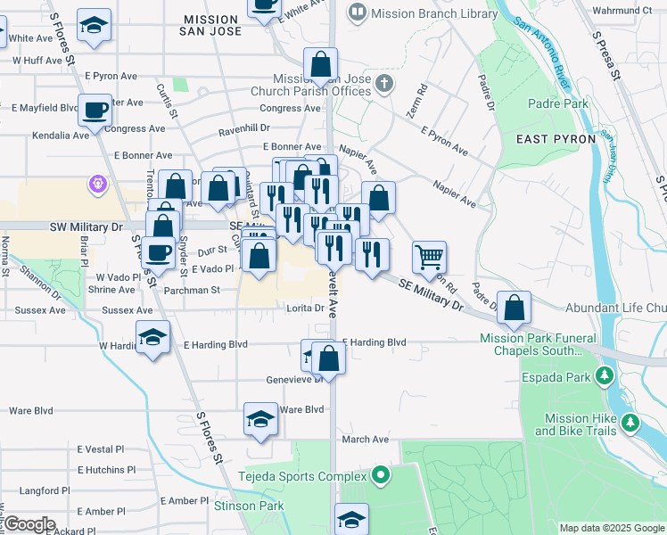 map of restaurants, bars, coffee shops, grocery stores, and more near Roosevelt Avenue in San Antonio