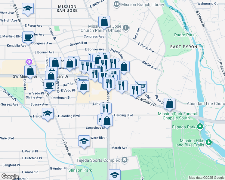 map of restaurants, bars, coffee shops, grocery stores, and more near 3502 Roosevelt Avenue in San Antonio