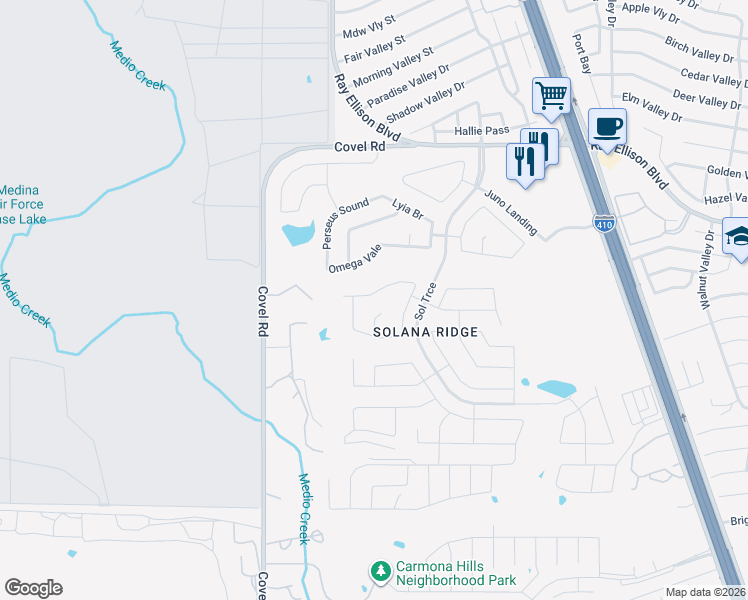 map of restaurants, bars, coffee shops, grocery stores, and more near 7410 Canopus Bow in San Antonio