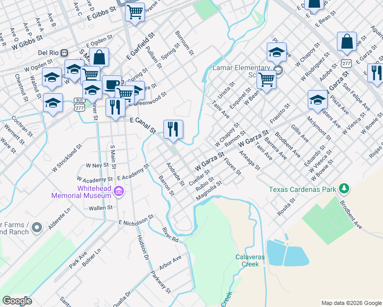map of restaurants, bars, coffee shops, grocery stores, and more near 298 Diaz Street in Del Rio