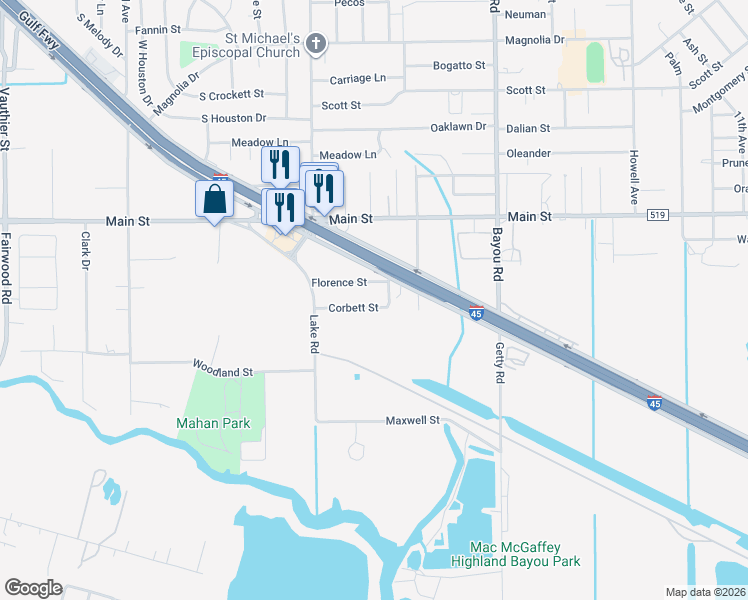 map of restaurants, bars, coffee shops, grocery stores, and more near 2608 Corbett Street in La Marque