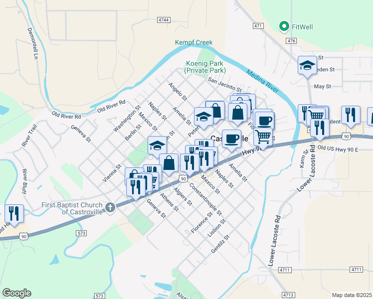 map of restaurants, bars, coffee shops, grocery stores, and more near 816 Petersburg Street in Castroville